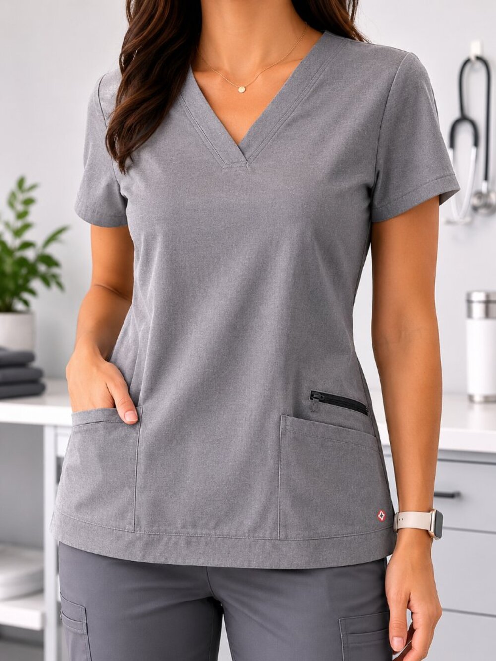 White Cross Grey Scrub Top Women’s Medium • Stretch Medical Uniform V-Neck
